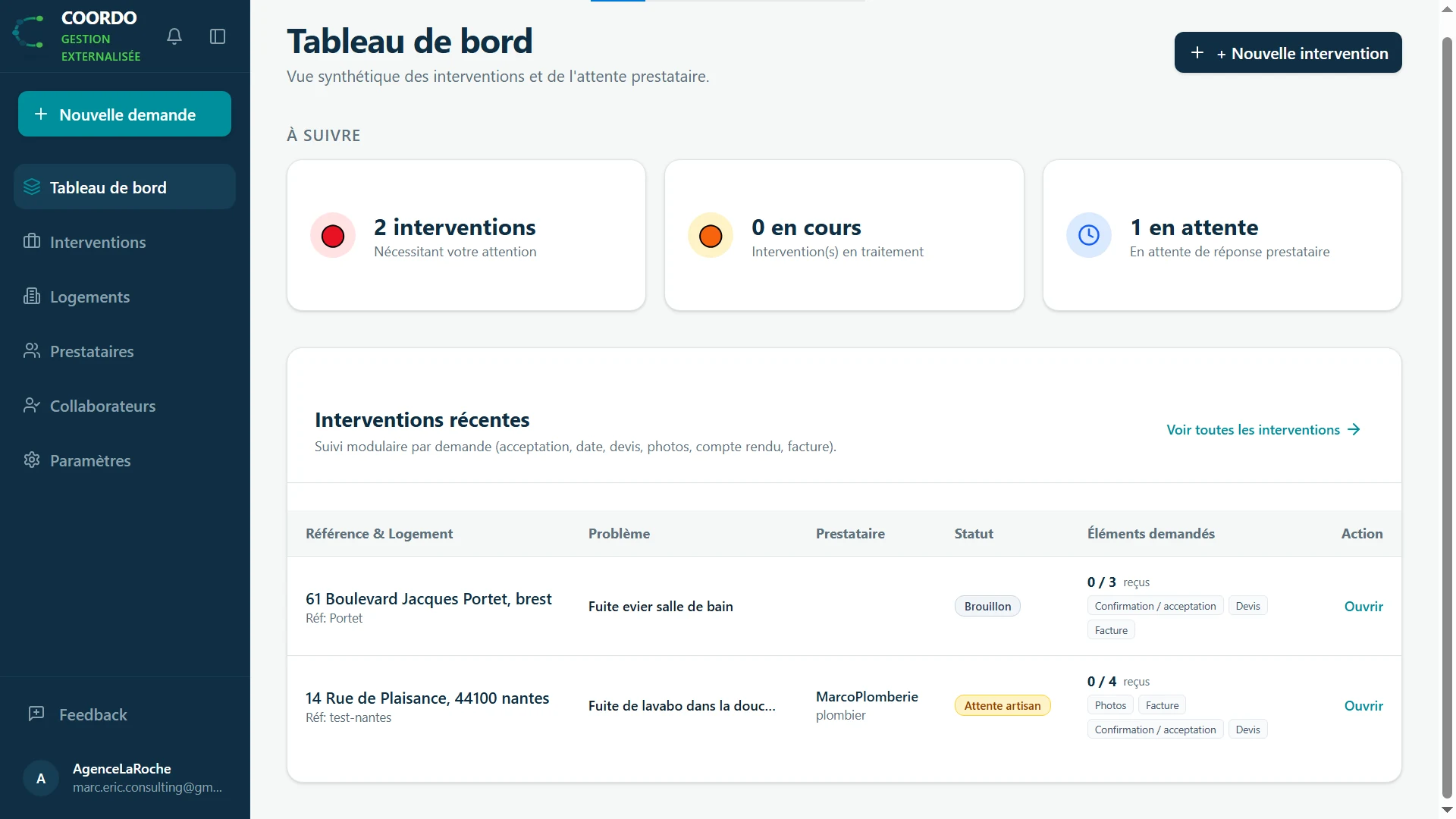 Espace agence Coordo affichant une vue synthétique des interventions à suivre.