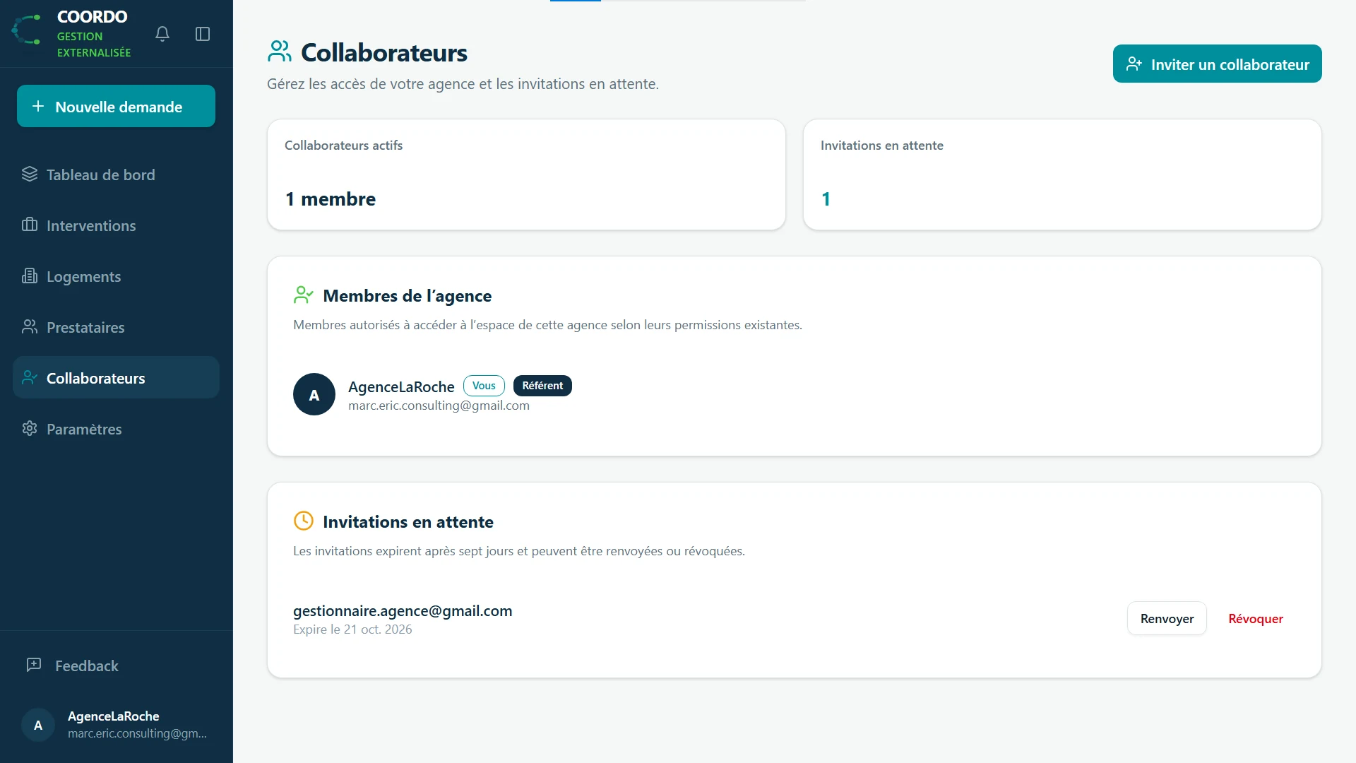 Espace agence Coordo affichant les collaborateurs autorisés et les invitations en attente.