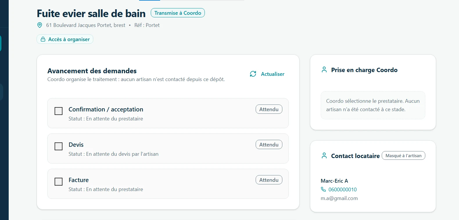 Espace agence Coordo affichant l’avancement d’une demande, les éléments attendus et la prise en charge Coordo.