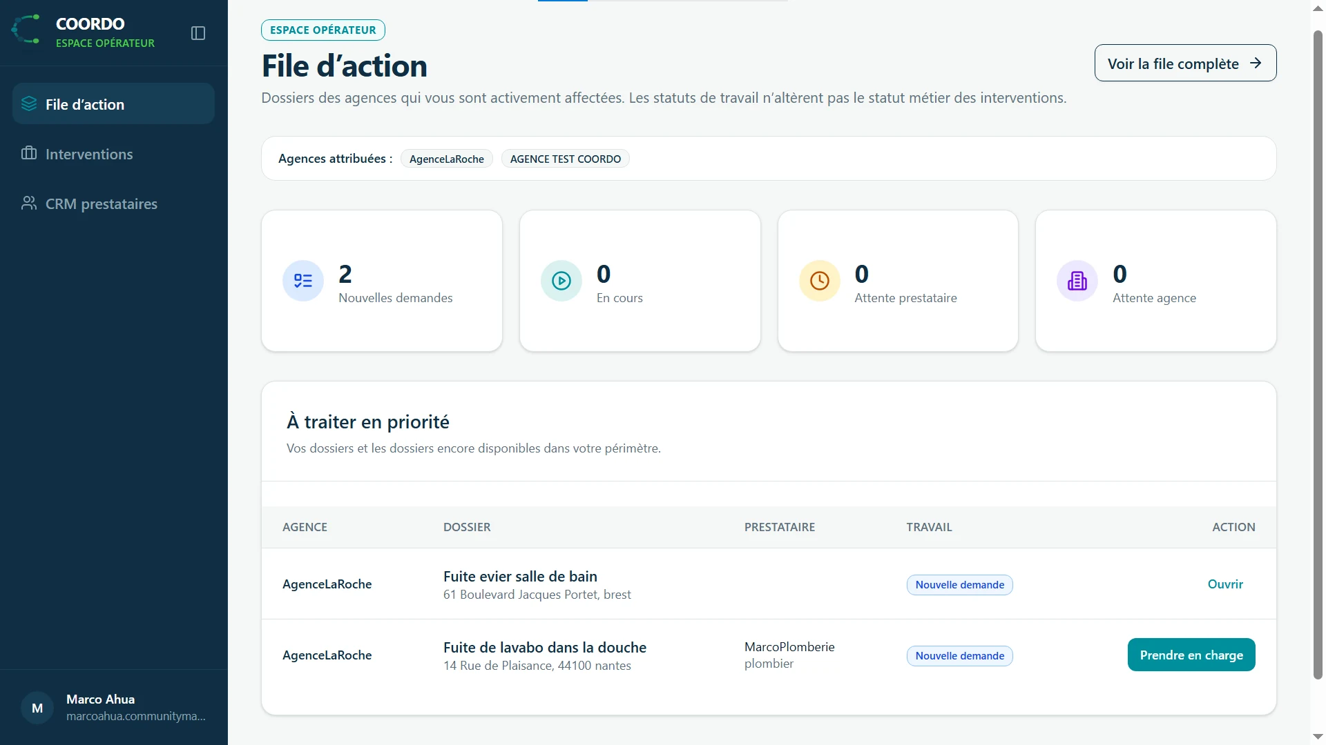 Espace opérateur Coordo affichant une file d’action des dossiers à traiter.