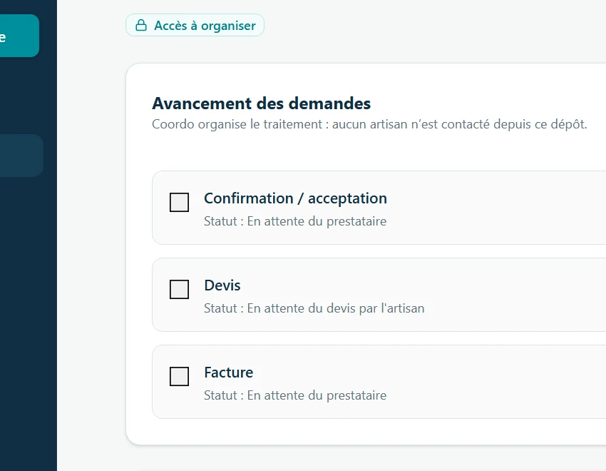 Espace agence Coordo affichant les éléments attendus et l’avancement d’une intervention.